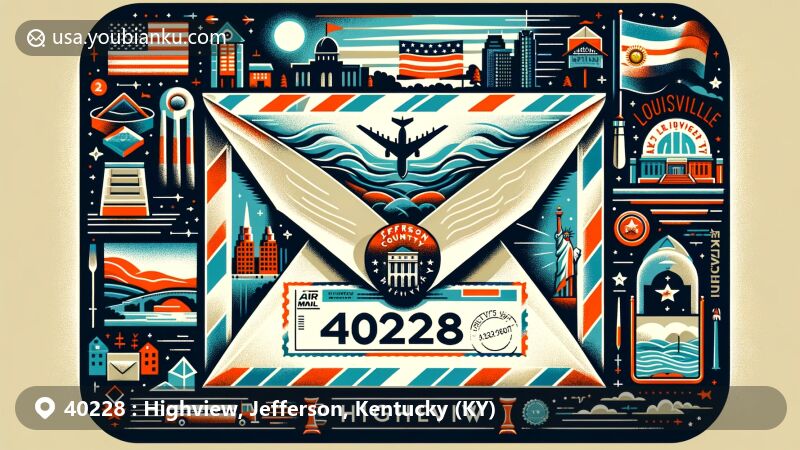 Modern illustration of Highview, Jefferson County, Kentucky, showcasing air mail envelope with ZIP code 40228, featuring postal elements and Kentucky state symbols.