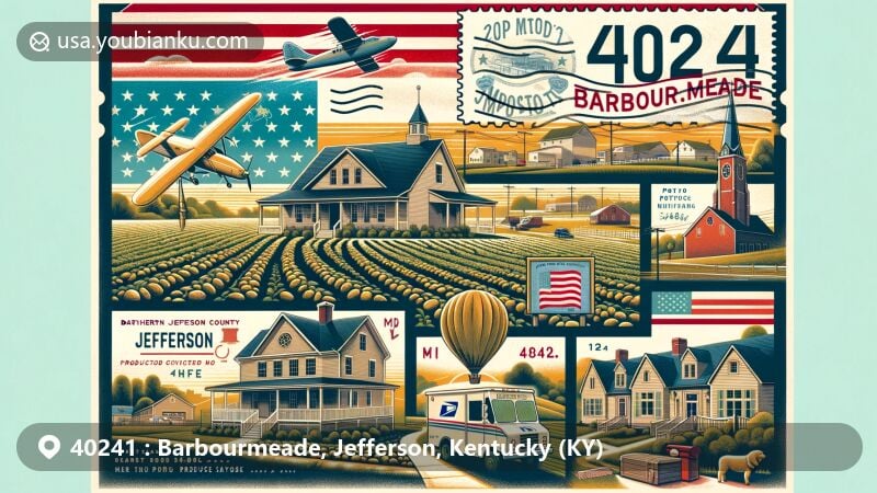 Modern illustration of Barbourmeade, Jefferson, Kentucky, showcasing historical potato farming roots and suburban development, including St. Matthews Produce Exchange and post-WWII architectural styles.