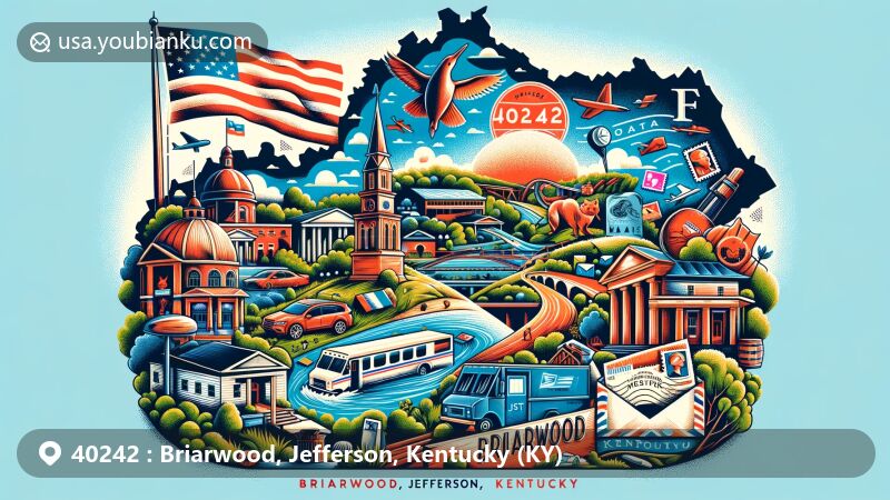 Modern illustration of Briarwood, Jefferson, Kentucky, highlighting postal theme with ZIP code 40242, featuring the Kentucky state flag, silhouette of Jefferson County's map, and local landmarks. Includes postcard design with postmark '40242' and postal motifs.