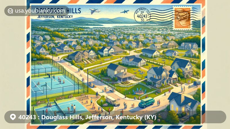 Modern illustration of Douglass Hills, Jefferson County, Kentucky, showcasing residential community essence with single-family homes, parks, and Crosby Middle School, in a postcard design with postal elements and ZIP code 40243.