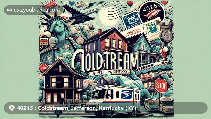 Modern illustration of Coldstream, Jefferson, Kentucky (KY) showcasing postal theme with ZIP code 40245, featuring community logo, postal symbols, and cozy atmosphere.