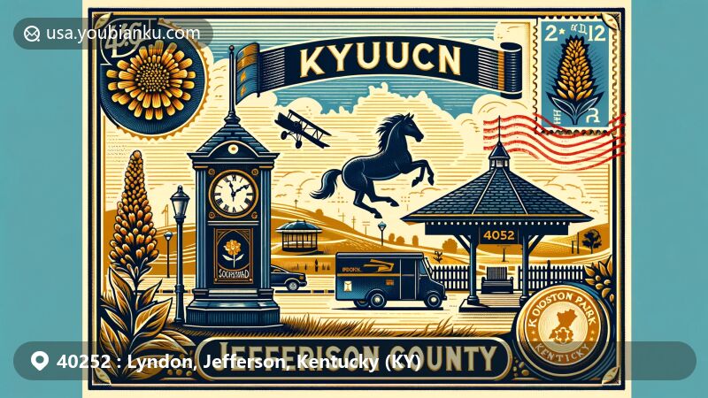 Modern illustration of Lyndon, Jefferson County, Kentucky, with postal theme showcasing Lyndon Clock, Robsion Park, and Kentucky symbols like Goldenrod and Thoroughbred horse.