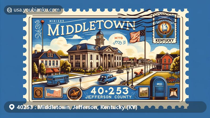 Modern illustration of Middletown, Jefferson County, Kentucky, featuring the charming streets, historical Middletown Community Center, and vibrant Kentucky state flag. Includes vintage postal elements like a postage stamp, cancellation mark, mailbox, and postal carriage, highlighting ZIP code 40253.