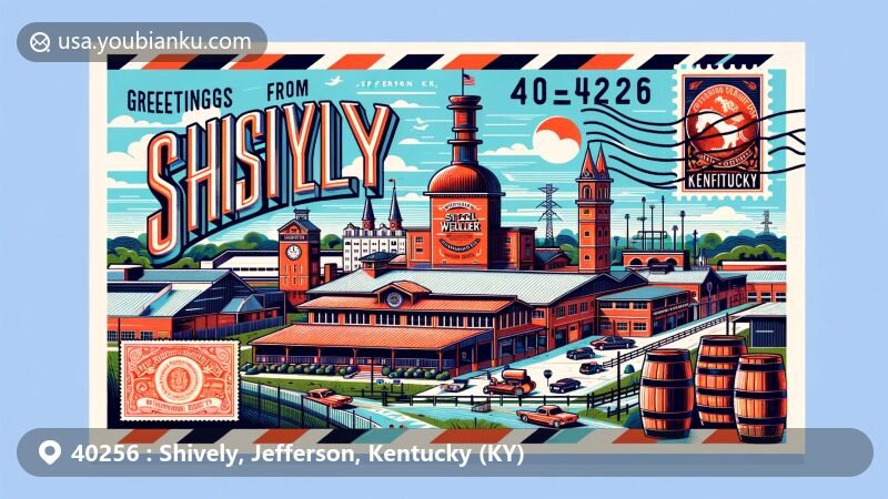Modern illustration of Shively, Jefferson County, Kentucky, featuring Stitzel-Weller Distillery and postal elements, showcasing bourbon industry heritage and Kentucky state symbols.