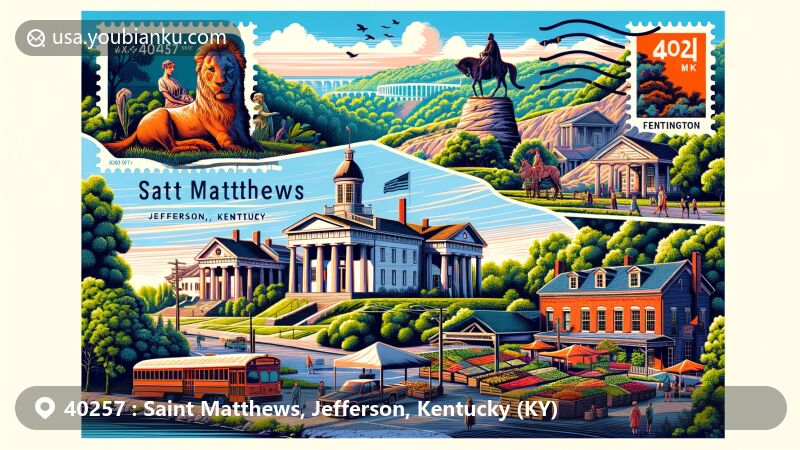 Contemporary depiction of Saint Matthews, Jefferson, Kentucky, capturing the essence of ZIP code 40257 in a postcard style, featuring key landmarks like Farmington Historic Home, St. Matthews Farmers Market, and Seneca Park, emphasizing the rich cultural and natural heritage of the area.