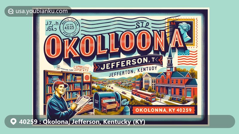 Modern illustration of Okolona, Jefferson, Kentucky, highlighting vibrant community spirit and postal theme with vintage stamp, postal mark, and mail carrier elements.