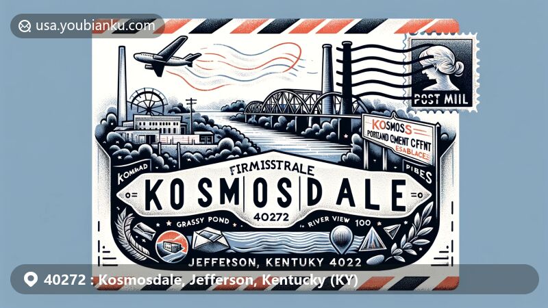 Contemporary illustration of Kosmosdale, Jefferson, Kentucky, reflecting vintage air mail envelope theme with Ohio River, Kosmos Portland Cement Company, historical marker, and Kentucky state flag elements, highlighting postal code 40272.