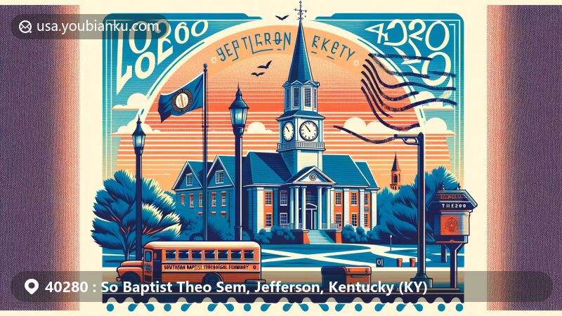 Modern illustration of So Baptist Theo Sem area, Jefferson, Kentucky, with ZIP code 40280, featuring Norton Hall clock tower, Kentucky state flag, and postal elements in a vibrant postcard style.