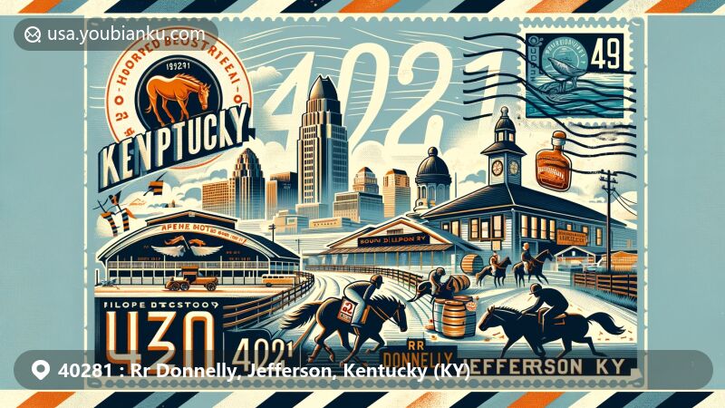 Modern illustration of ZIP code 40281, showcasing Rr Donnelly area in Jefferson, Kentucky, with horse racing tracks, bourbon distilleries, and Louisville skyline, blending postal themes with regional characteristics.