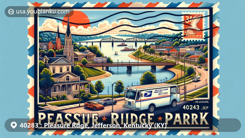 Modern illustration of Pleasure Ridge Park, Jefferson County, Kentucky, uniting local elements with a postal service theme, featuring the Ohio River and PRP Fire Protection District.