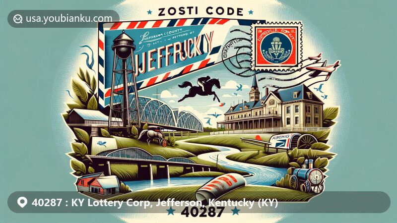Modern illustration of ZIP code 40287 in Jefferson, Kentucky, featuring vintage airmail envelope and iconic symbols like Kentucky state flag, Louisville Water Company Pumping Station, Big Four Bridge, and Kentucky Derby stamp.