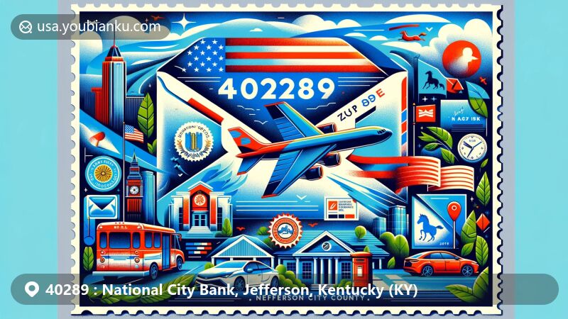 Modern illustration of National City Bank area, Jefferson County, Kentucky, featuring postal theme with ZIP code 40289, showcasing state flag, horse symbol of Kentucky Derby, air mail envelope, postage stamp, postmark, mailbox, postal van, and urban-nature landscape.