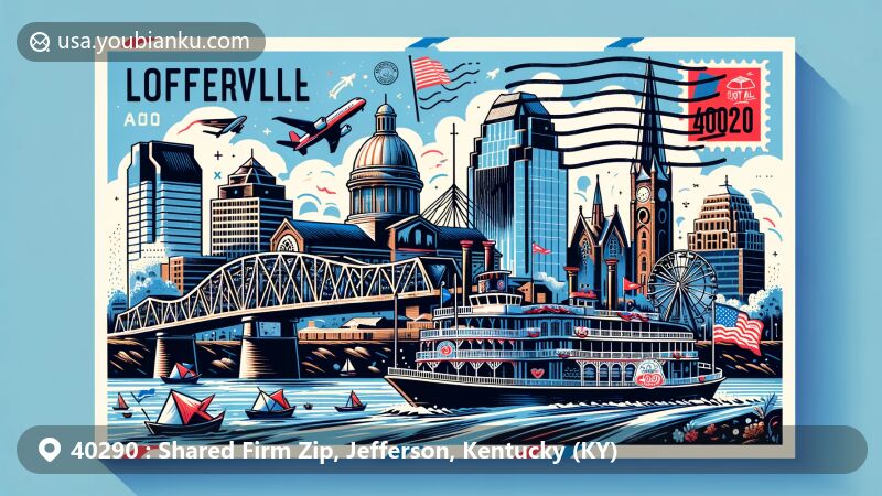 Modern illustration of Jefferson, Kentucky, featuring iconic landmarks like the Belle of Louisville steamboat, Big Four Bridge, Louisville Water Tower, and Cathedral of the Assumption, integrated with postal-themed elements for ZIP code 40290.
