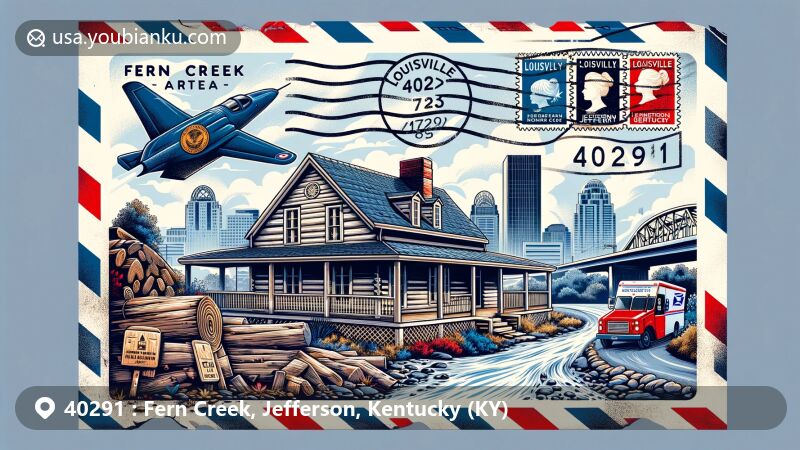 Modern illustration of Fern Creek, Jefferson County, Kentucky, integrating community with Louisville cityscape, showcasing historic log home from 1789 and Bardstown Road, with postal theme featuring airmail envelope, Kentucky state flag, Jefferson County silhouette, postal vehicle, and ZIP code 40291.