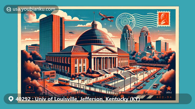 Modern illustration of University of Louisville in Kentucky, showcasing Gheens Science Hall and Rauch Planetarium, against vibrant skyline backdrop with local landmarks like Big Four Bridge and Cave Hill Cemetery.