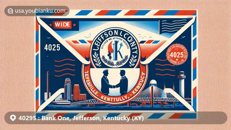 Modern illustration of Bank One area in Jefferson County, Kentucky, showcasing postal theme with ZIP code 40295 and Kentucky state flag.