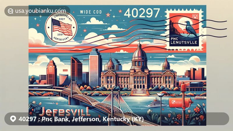Creative illustration of Pnc Bank in Jefferson County, Kentucky, with ZIP code 40297, highlighting the official seal, Louisville skyline, and Ohio River, featuring a postal theme with Kentucky state flag stamp and accurate details.