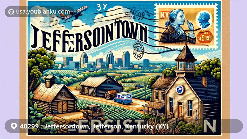Modern illustration of Jeffersontown, Louisville, Kentucky, featuring Blackacre Nature Preserve with historical log cabins and agricultural significance, vintage postcard design with postal elements like stamps and ZIP code 40299.