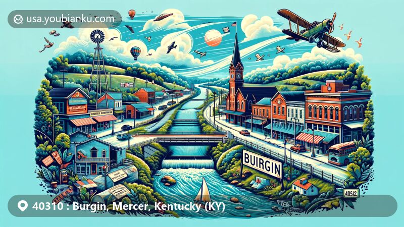 Modern illustration of Burgin, Mercer County, Kentucky, with elements reflecting Main Street charm, Cincinnati Southern Railway history, Cane Run natural beauty, community activities, and postal theme showcasing ZIP code 40310.