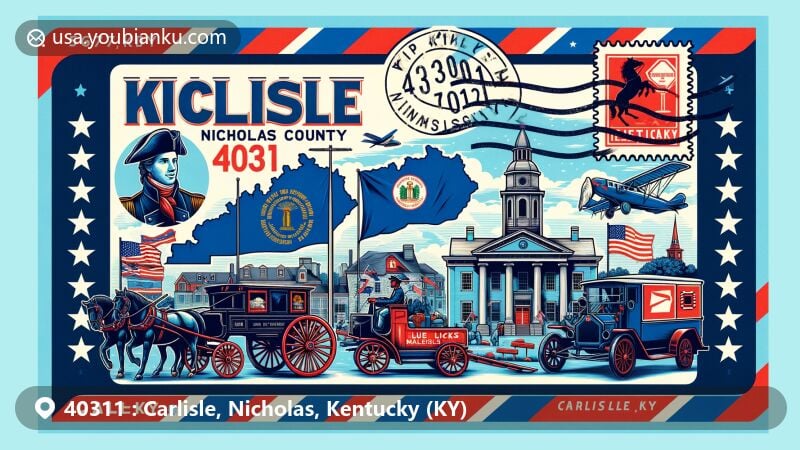 Modern illustration of Carlisle, Nicholas County, Kentucky, showcasing postal theme with ZIP code 40311, featuring Kentucky state flag, Nicholas County outline, historic Carlisle courthouse, Blue Licks Battlefield State Park, postal heritage elements like vintage postage stamp, '40311' ZIP code stamp, 'Carlisle, KY' postmark, and mail transportation history to present.