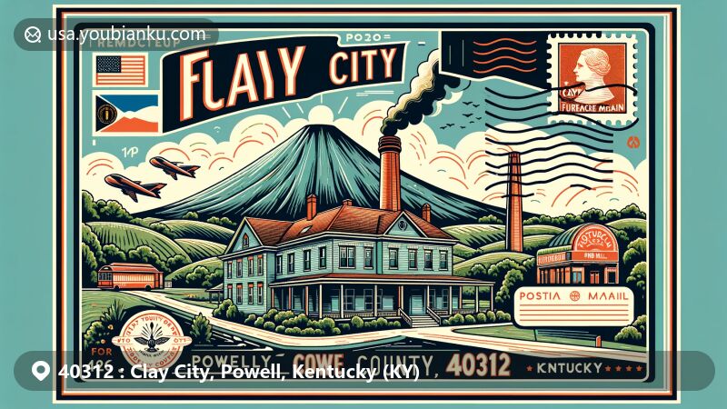 Modern illustration of Clay City, Powell County, Kentucky, with ZIP code 40312, showcasing local and postal heritage, featuring Furnace Mountain and the Clay City National Bank Building.