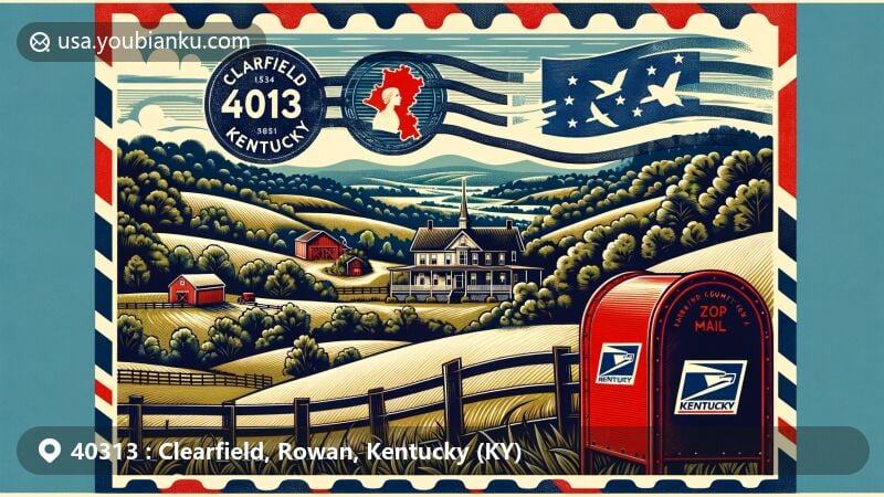 Modern illustration of Clearfield, Rowan County, Kentucky, merging natural beauty with postal theme around ZIP code 40313, featuring Kentucky flag, Rowan County outline, vintage airmail envelope, and classic red postal mailbox.