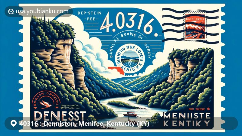 Modern illustration of Denniston, Menifee County, Kentucky, blending local geography with postal theme ZIP code 40316, featuring Cave Run Lake and Red River Gorge.