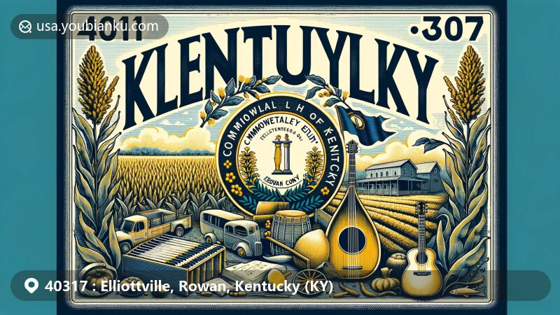 Modern illustration of Elliottville, Rowan County, Kentucky, capturing the essence of the Commonwealth's symbols, including the state flag, Kentucky bluegrass music instruments, and Ale-8-One beverage, set against a backdrop of agricultural abundance.