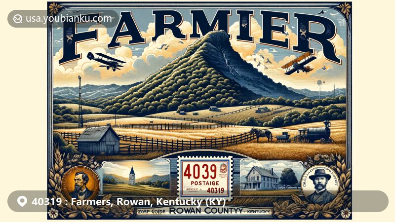 Modern illustration of Farmers community in Rowan County, Kentucky, showcasing Sugarloaf Mountain, historical plaque of General John Hunt Morgan, and vintage air mail envelope design with Kentucky state flag stamp and ZIP code 40319.