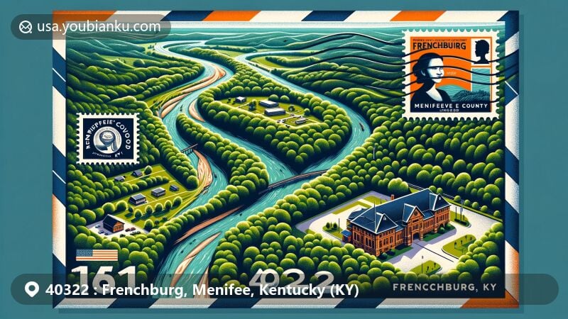 Modern illustration of Frenchburg, Menifee County, Kentucky, highlighting natural beauty of Beaver Creek and educational elements like Menifee County High School.
