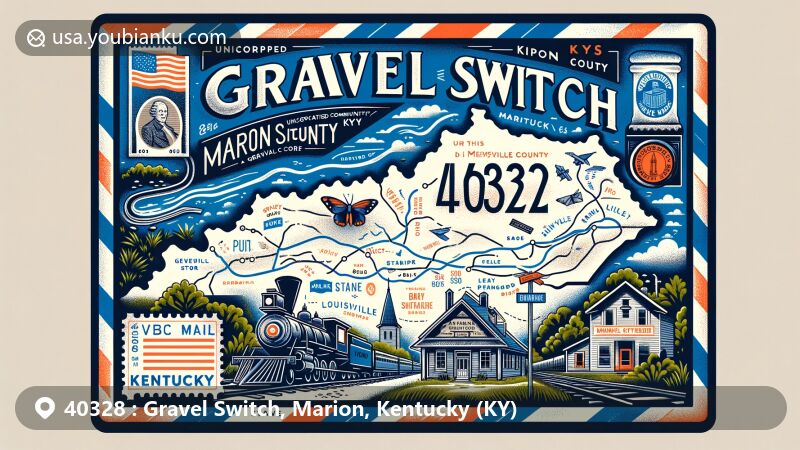 Vintage postcard-style illustration of Gravel Switch, KY 40328, featuring symbols like the Kentucky state flag and Marion County map, with focus on iconic Penn's Store and postal elements like stamps. The design captures the community's history and charm.