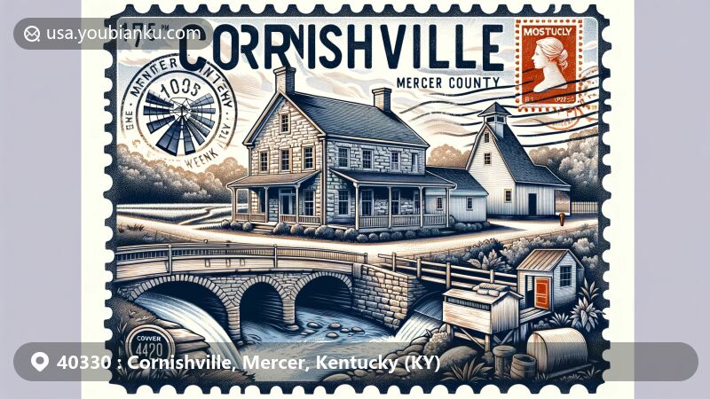 Modern illustration of Cornishville, Mercer County, Kentucky, featuring the historic John McGee House, a covered bridge, and a mill along the Chaplin River, incorporating a postal theme with mailbox, Kentucky outline, vintage postage stamp frame, and ZIP code 40330.