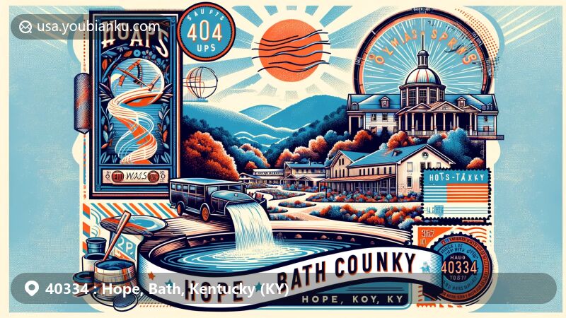 Modern illustration of Hope, Bath County, Kentucky, showcasing postal theme with ZIP code 40334, featuring Olympian Springs resort and scenic beauty.