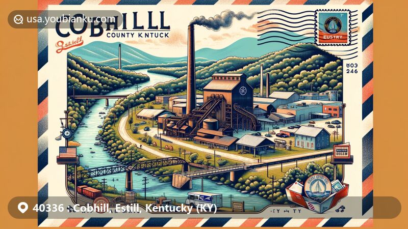 Unique illustration of Cobhill, Estill County, Kentucky, representing ZIP code 40336, featuring Fitchburg Furnace, Bluegrass region, and Kentucky River, combined with postal elements like airmail envelope, stamp with state flag, and postmark 'Cobhill, KY 40336'.