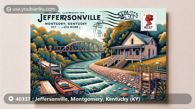 Modern illustration of Jeffersonville area in Montgomery County, Kentucky, showcasing postal theme with ZIP code 40337, featuring Slate Creek tributary flowing into Licking River, highlighting regional waterways in connection to Ohio River.