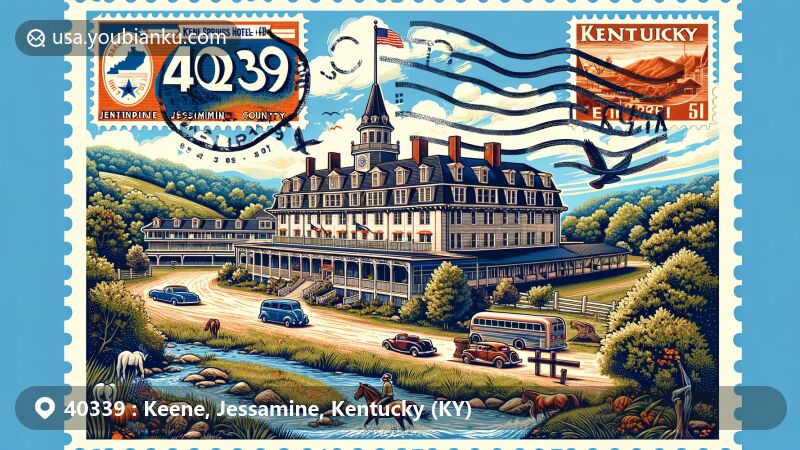 Modern illustration of Keene area, Jessamine County, Kentucky, featuring Keene Springs Hotel and lush landscape, styled like vintage postcard with emphasis on ZIP code 40339, incorporating Kentucky state symbols.