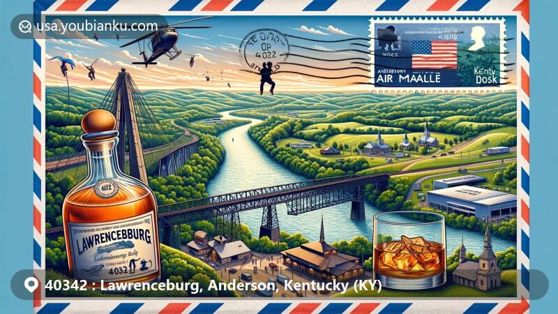 Modern illustration of Lawrenceburg, Kentucky, showcasing postal theme with ZIP code 40342, featuring Bluegrass Region landscape, Young's High Bridge, bourbon heritage, and Anderson County History Museum.