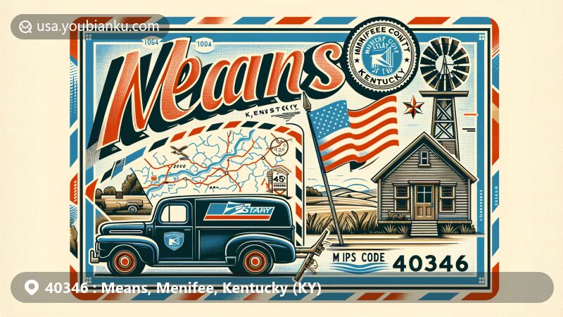 Modern illustration of Means, Menifee County, Kentucky, showcasing postal theme with ZIP code 40346, featuring Kentucky state flag, rural charm, scenic route, natural beauty, postal truck, American mailbox, and postal stamp with generic American postal service symbol.