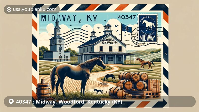 Modern illustration of Midway, Woodford County, Kentucky, with vintage air mail envelope showcasing bourbon distillery, bourbon fire reference, and thoroughbred horse industry with Kentucky state flag.
