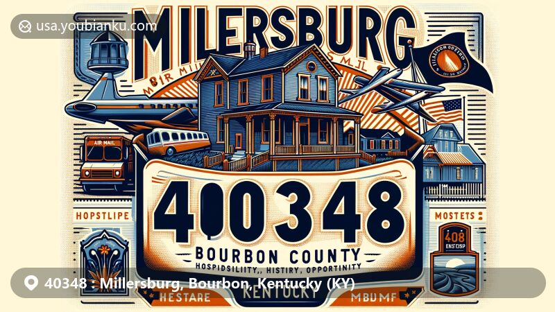 Modern illustration of Millersburg, Bourbon County, Kentucky, featuring vintage air mail envelope with ZIP code 40348, Mustard Seed Hill, Allen House, and Kentucky state flag.