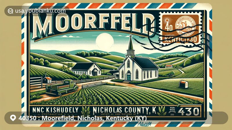 Illustration of Moorefield, Nicholas County, Kentucky, designed as a wide postcard or air mail envelope, showcasing rural landscapes with rolling hills, fertile soil, and the Moorefield Christian Church. Includes vintage postal elements like a postage stamp and a postal mark with ZIP code 40350.