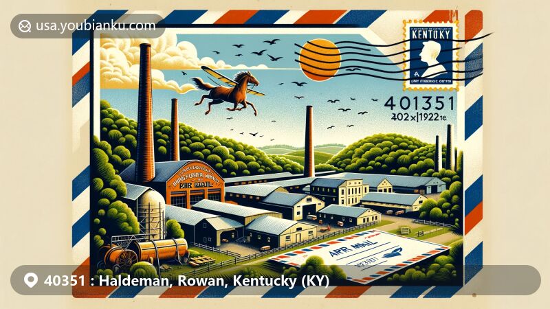 Vintage-style air mail envelope illustration of Haldeman, Rowan County, Kentucky, showcasing Kentucky landscape with Kentucky Firebrick Company's plant and Kentucky Folk Art Center.
