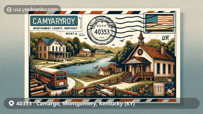 Modern illustration of Camargo, Montgomery County, Kentucky, depicting rural and cozy atmosphere with a creative postal theme, showcasing a lending library as a community center, Greenbrier Creek Reservoir as a natural landmark, and Kentucky state flag.