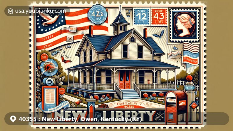 Modern illustration of the Jacob Hunter House in New Liberty, Owen County, Kentucky, with ZIP code 40355, featuring elements of Kentucky’s state flag and postal culture vibes.