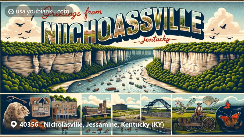 Artistic postcard illustration of Nicholasville, Jessamine County, Kentucky, capturing the essence of ZIP code 40356 with Kentucky River Palisades and local cultural landmarks.