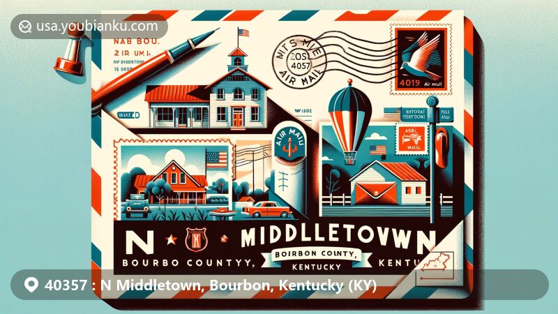 Creative illustration of N Middletown, Bourbon County, Kentucky, featuring air mail envelope with ZIP code 40357, showcasing rural charm and elements of Kentucky.