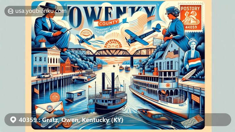Creative illustration of Gratz, Owen County, Kentucky, blending historical and modern postal themes with vibrant colors and key landmarks like the Kentucky River and Gratz Bridge.