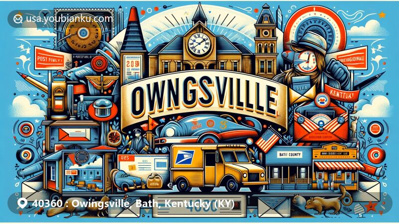 Modern illustration of Owingsville, Kentucky, highlighting postal theme with ZIP code 40360, featuring vintage postal elements and the essence of Bath County.