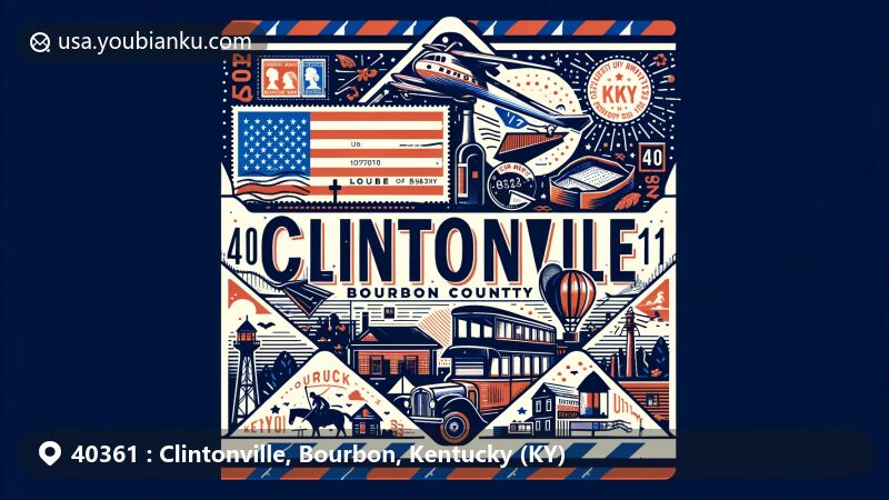 Modern illustration of Clintonville, Bourbon County, Kentucky, featuring ZIP code 40361 and iconic state symbols, blending in postal elements like stamps, a postmark, and whimsically illustrated postal truck or mailbox.