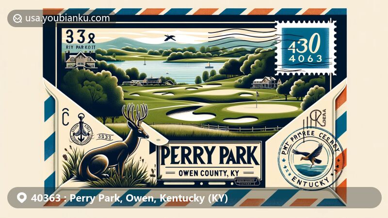 Modern illustration of Perry Park, Owen County, Kentucky, highlighting natural beauty of Perry Park Golf Resort with undulating hills, abundant wildlife including deer, and tranquil Kentucky River scene.